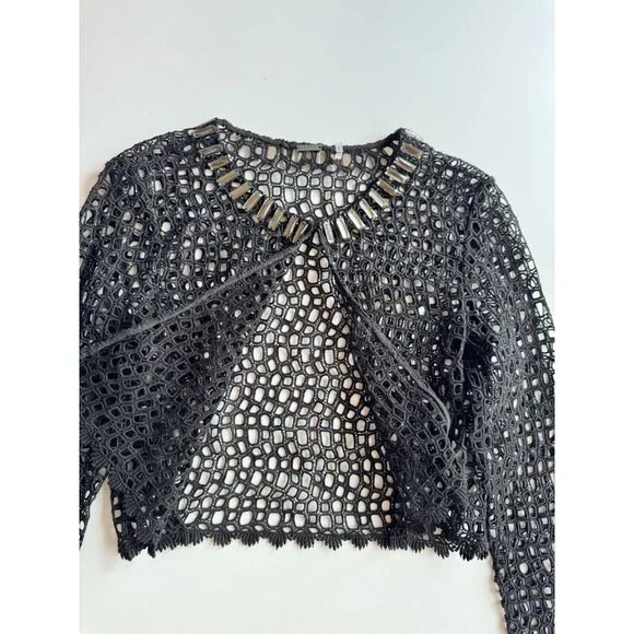 ELIE TAHARI Black Cotton Broderie Anglaise Beaded Lace Cardigan Sweater, Size 2 - Picture 8 of 15
